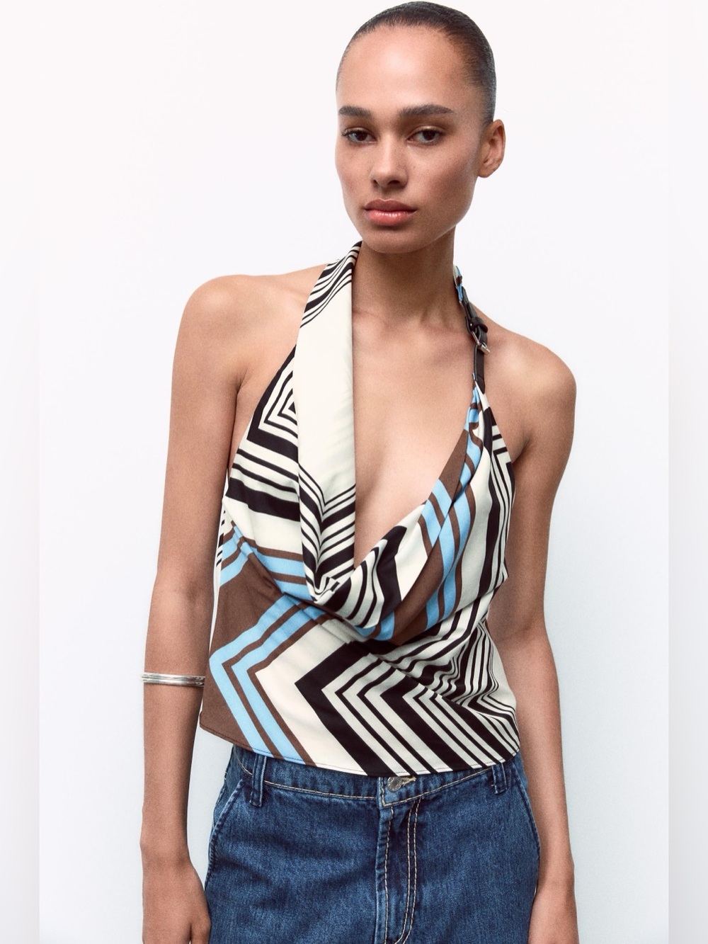 NWOT Zara Draped Halter Geometric Print Top in Cream, Brown & Blue